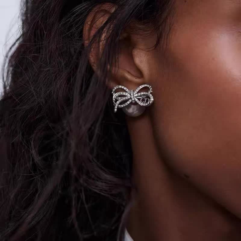 Dior Crystal Bow Pearl Stud Earrings