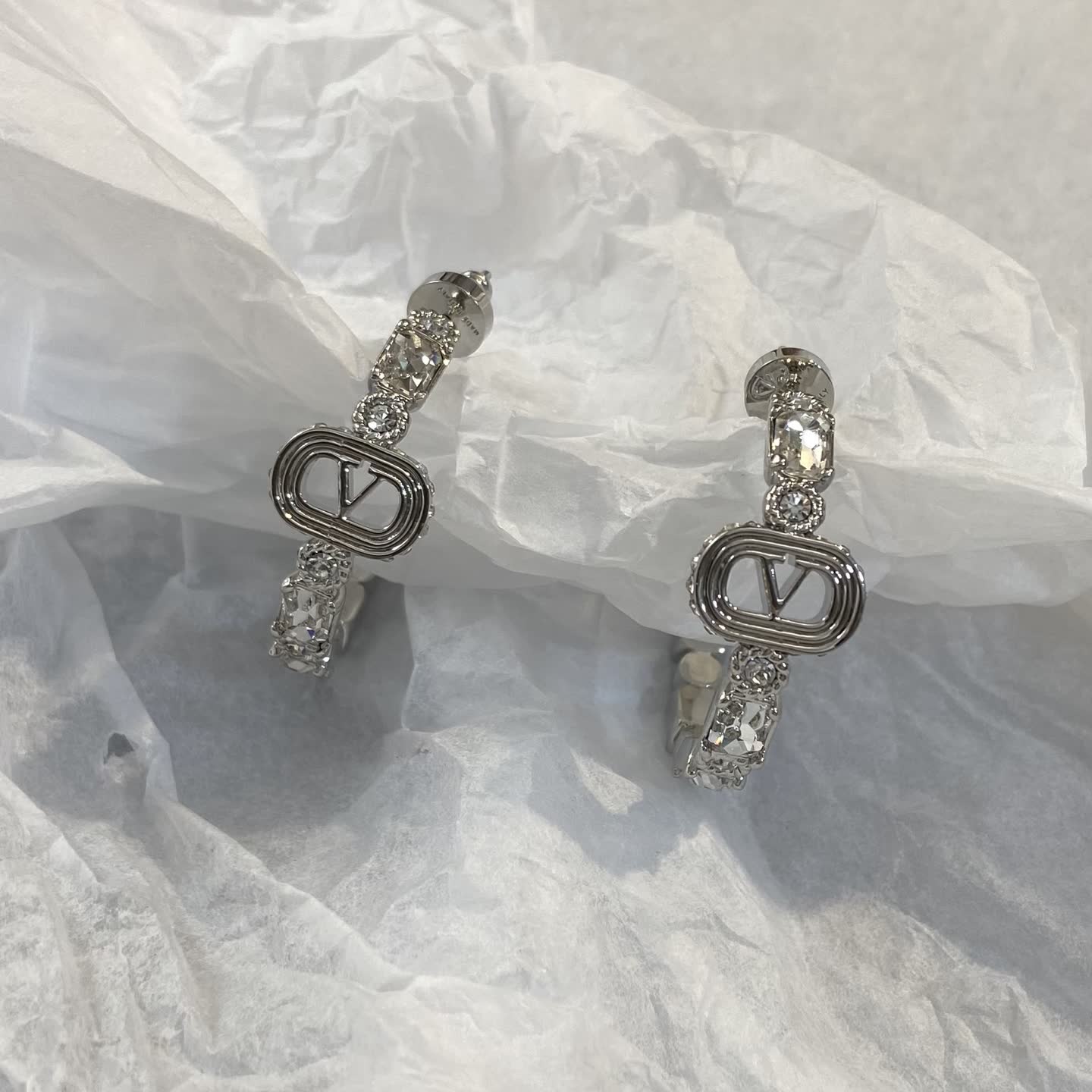 Dior Silver Hoop Earrings with Crystal Accents