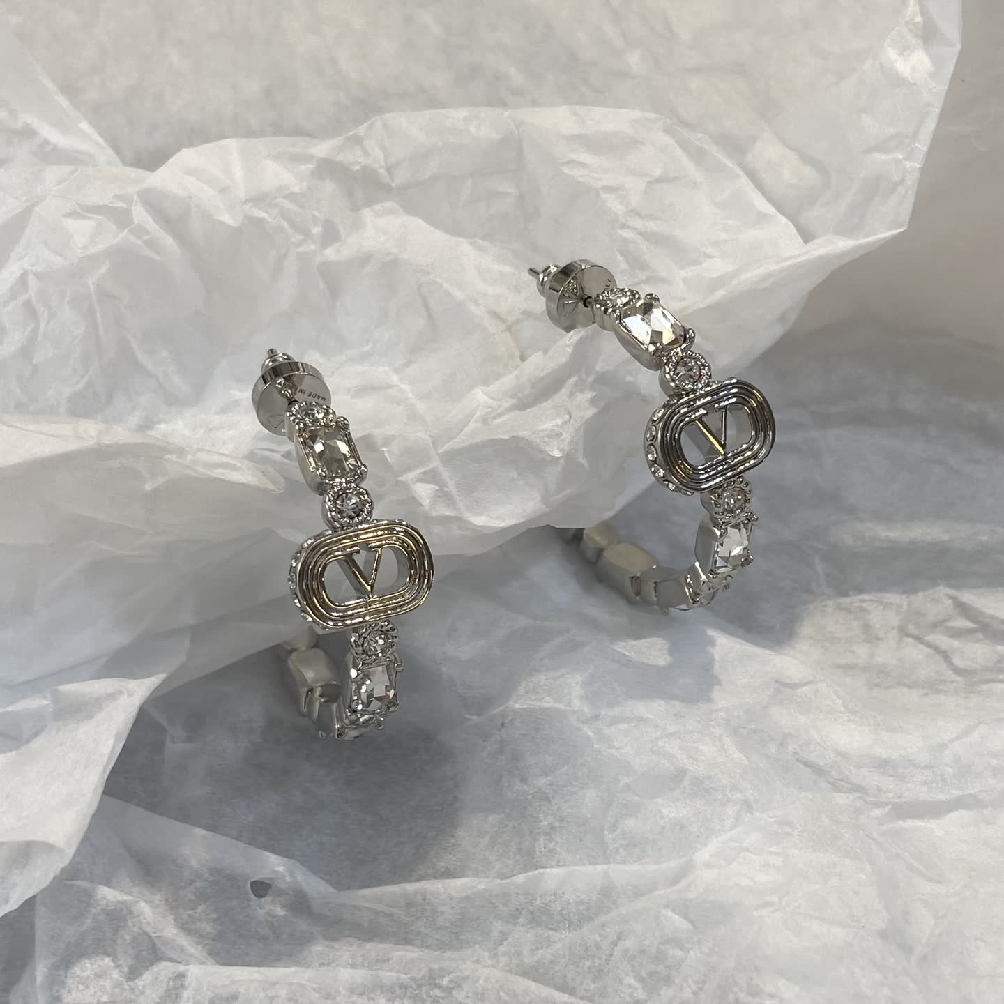 Dior Silver Hoop Earrings with Crystal Accents