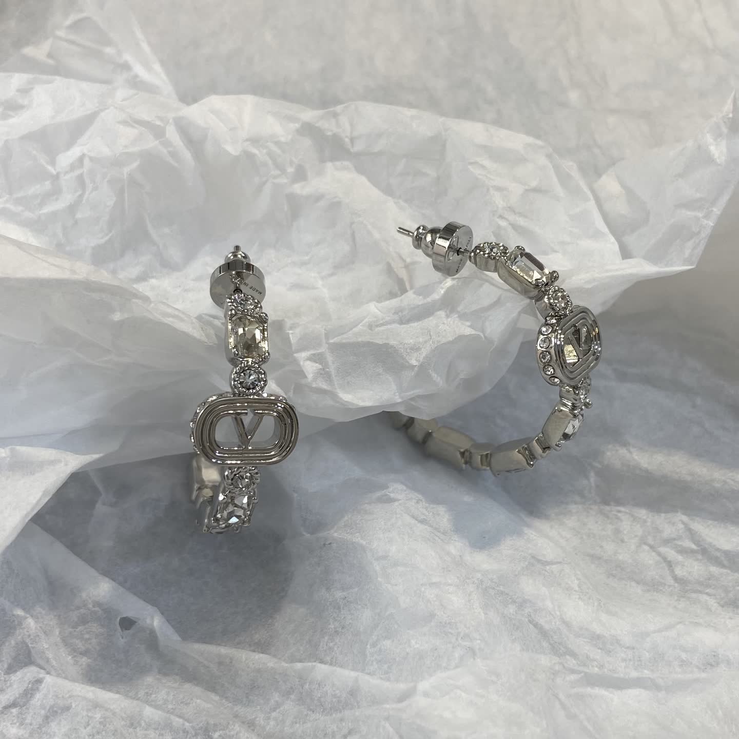 Dior Silver Hoop Earrings with Crystal Accents