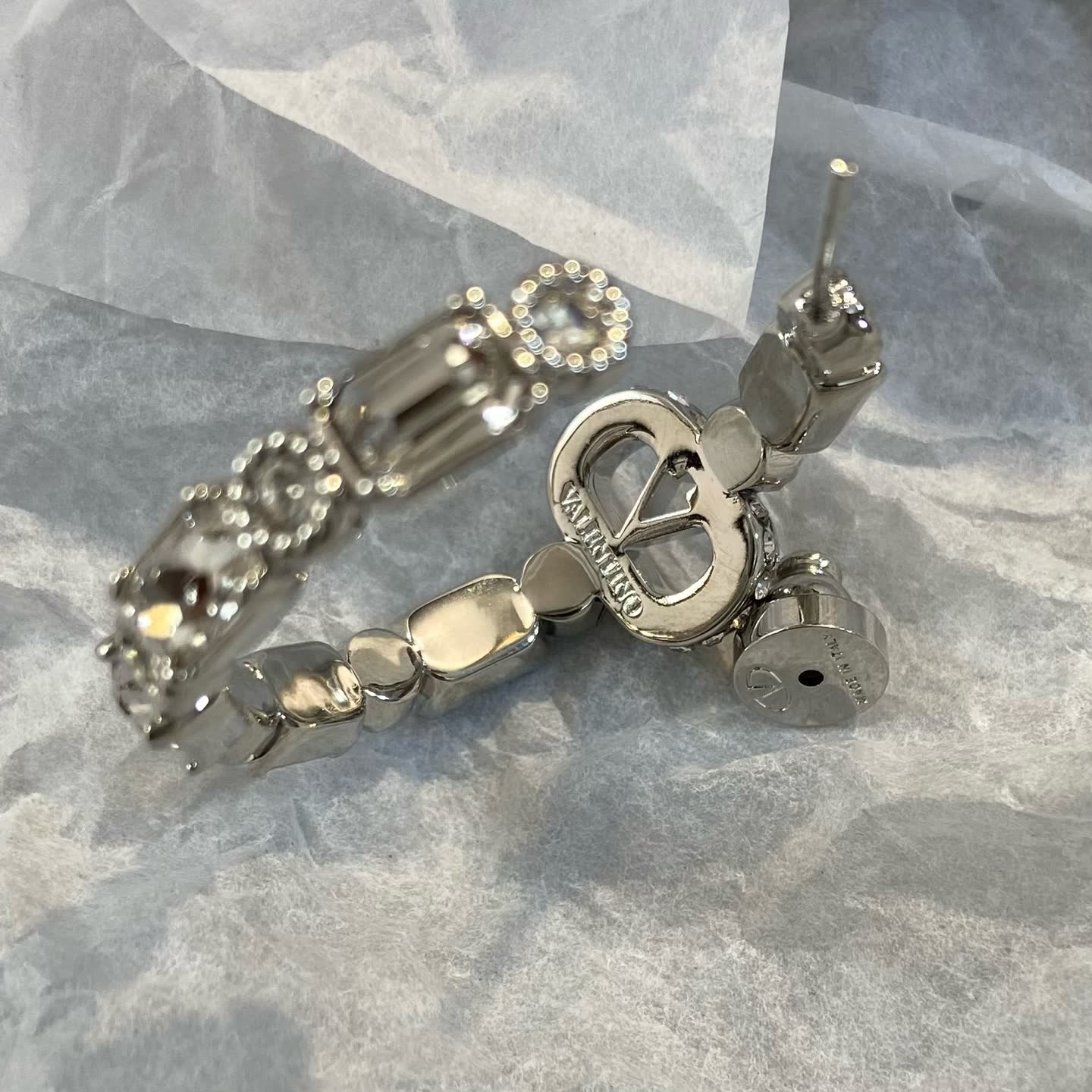 Dior Silver Hoop Earrings with Crystal Accents