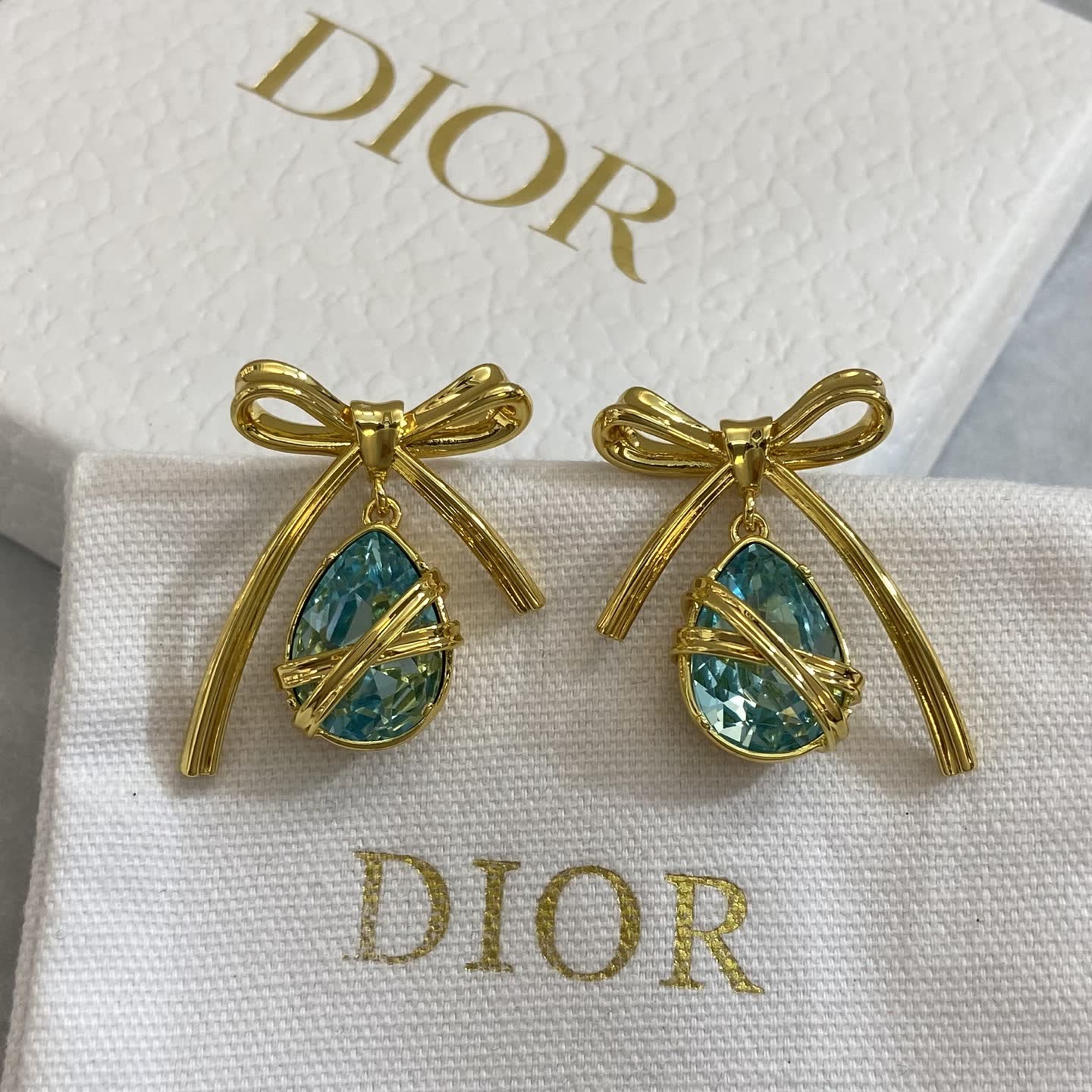 Dior Gold-Tone Blue Crystal Bow Earrings Dior Gold-Tone Blue Crystal Bow Earrings