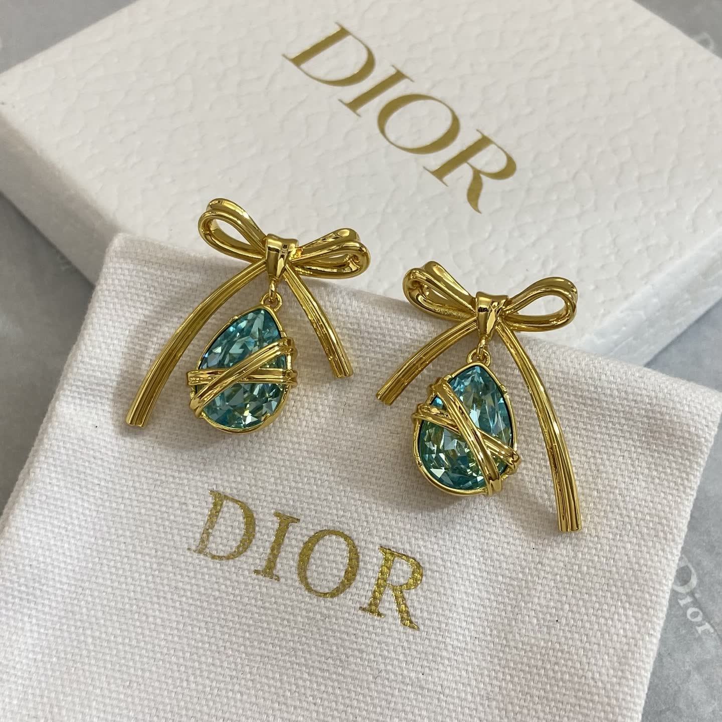 Dior Gold-Tone Blue Crystal Bow Earrings