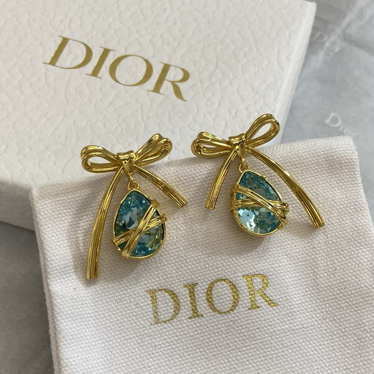 Dior Gold-Tone Blue Crystal Bow Earrings
