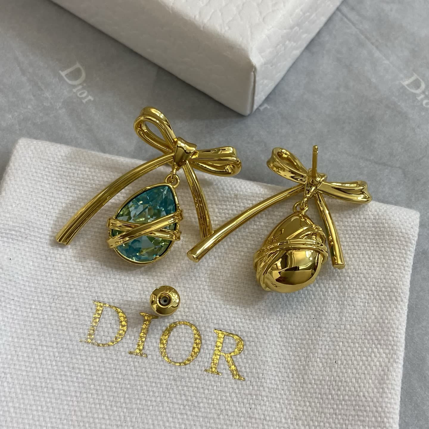 Dior Gold-Tone Blue Crystal Bow Earrings