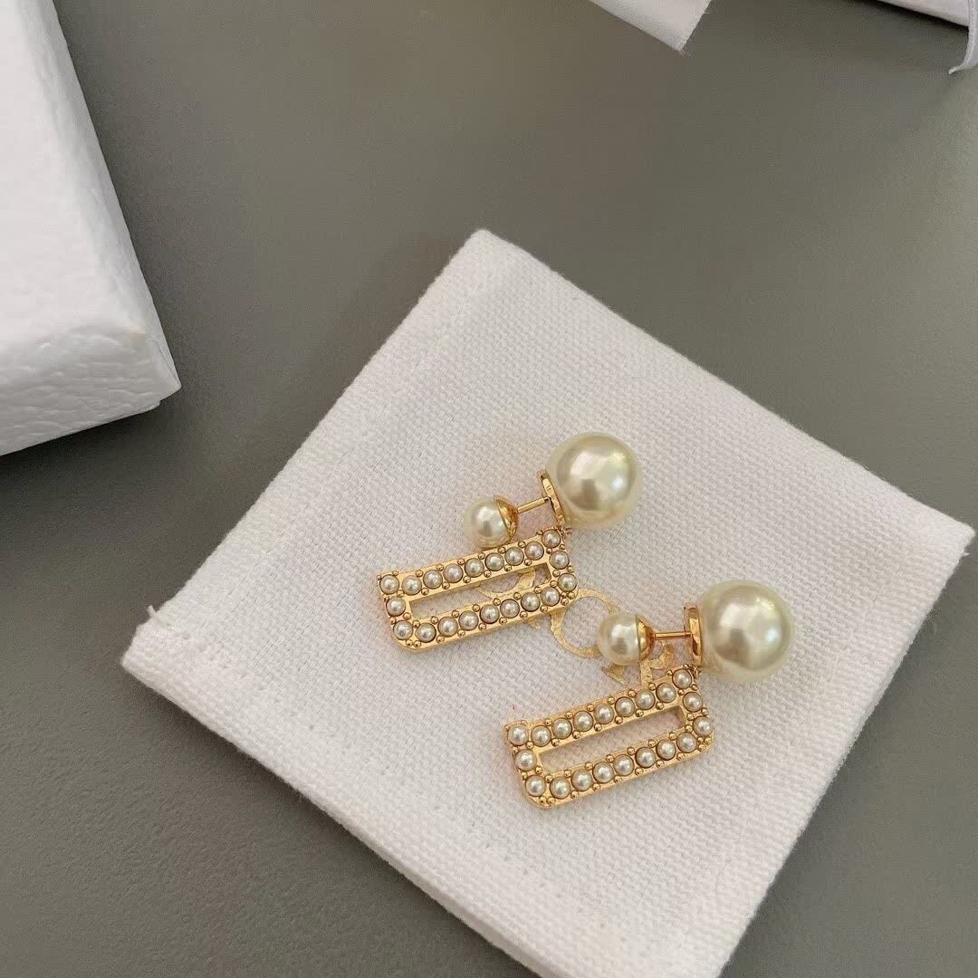 Dior Elegant Gold Pearl Drop Earrings