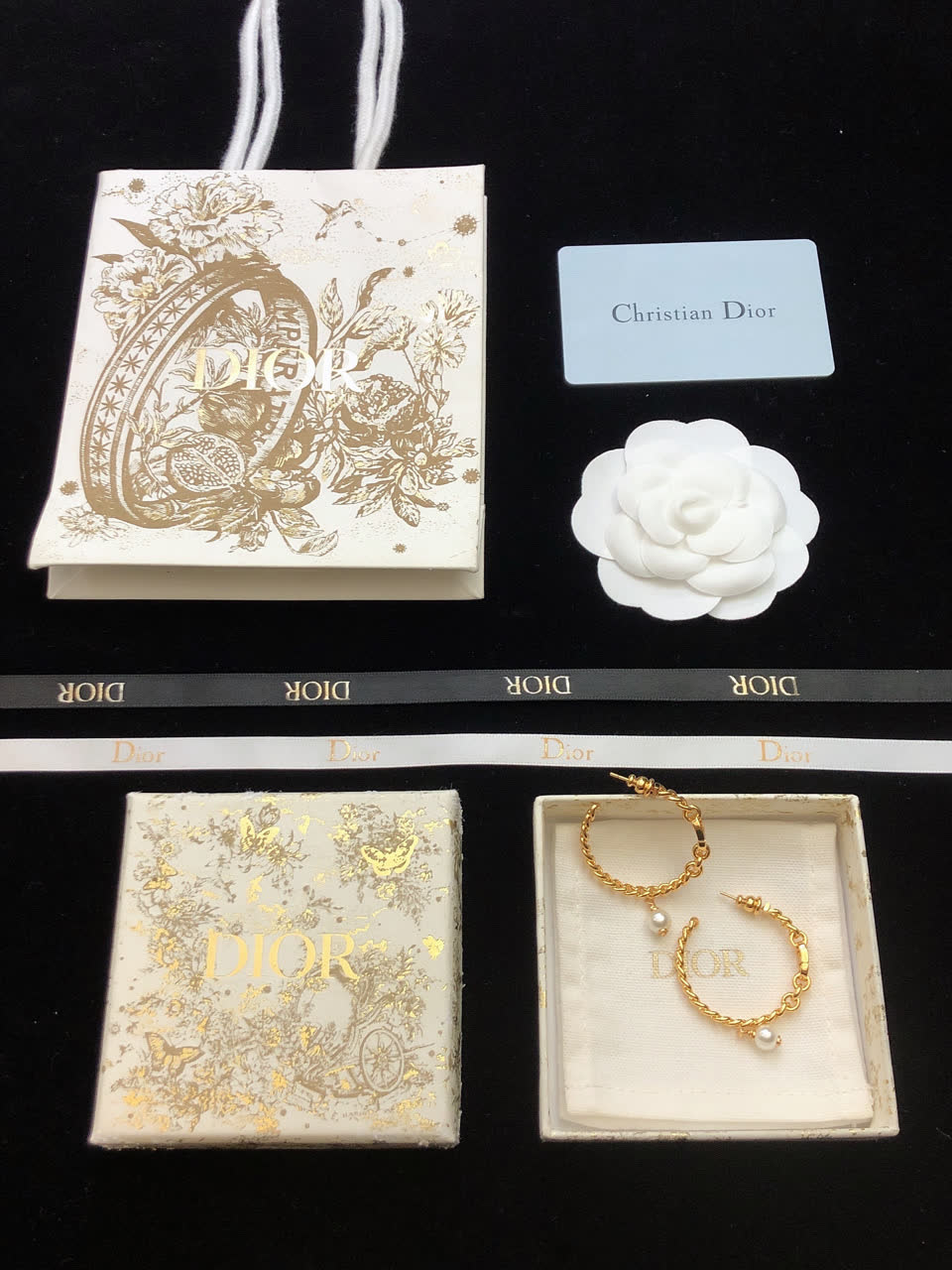 Dior Gold Hoop Earrings with Pearl Dangle