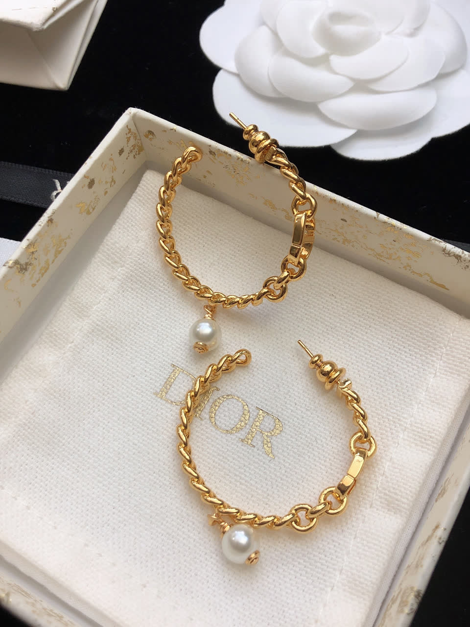 Dior Gold Hoop Earrings with Pearl Dangle
