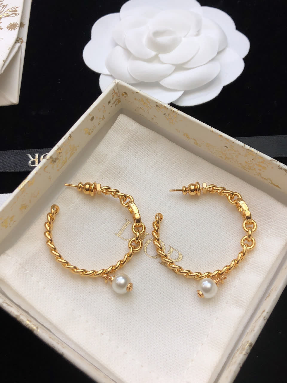 Dior Gold Hoop Earrings with Pearl Dangle