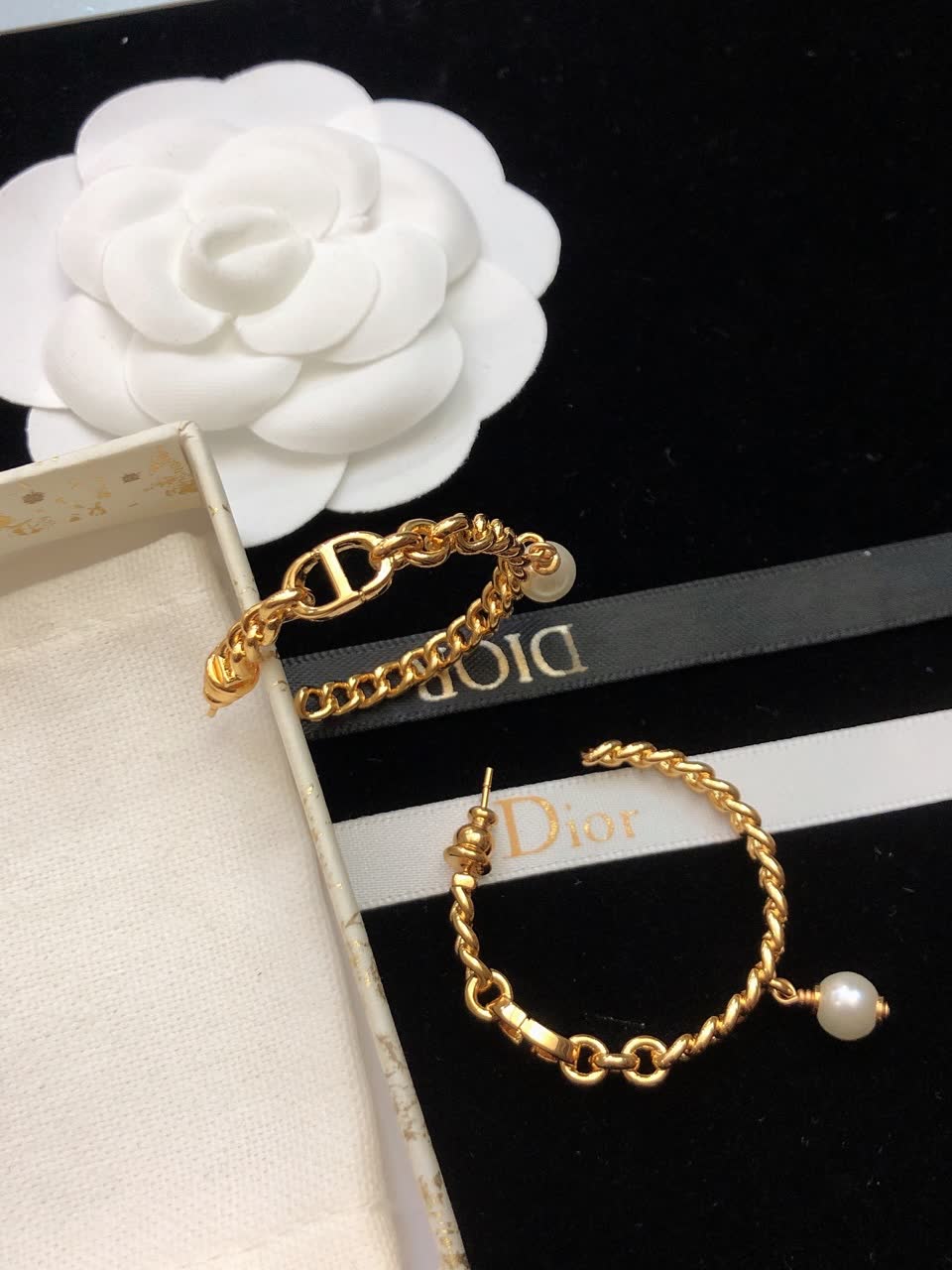 Dior Gold Hoop Earrings with Pearl Dangle