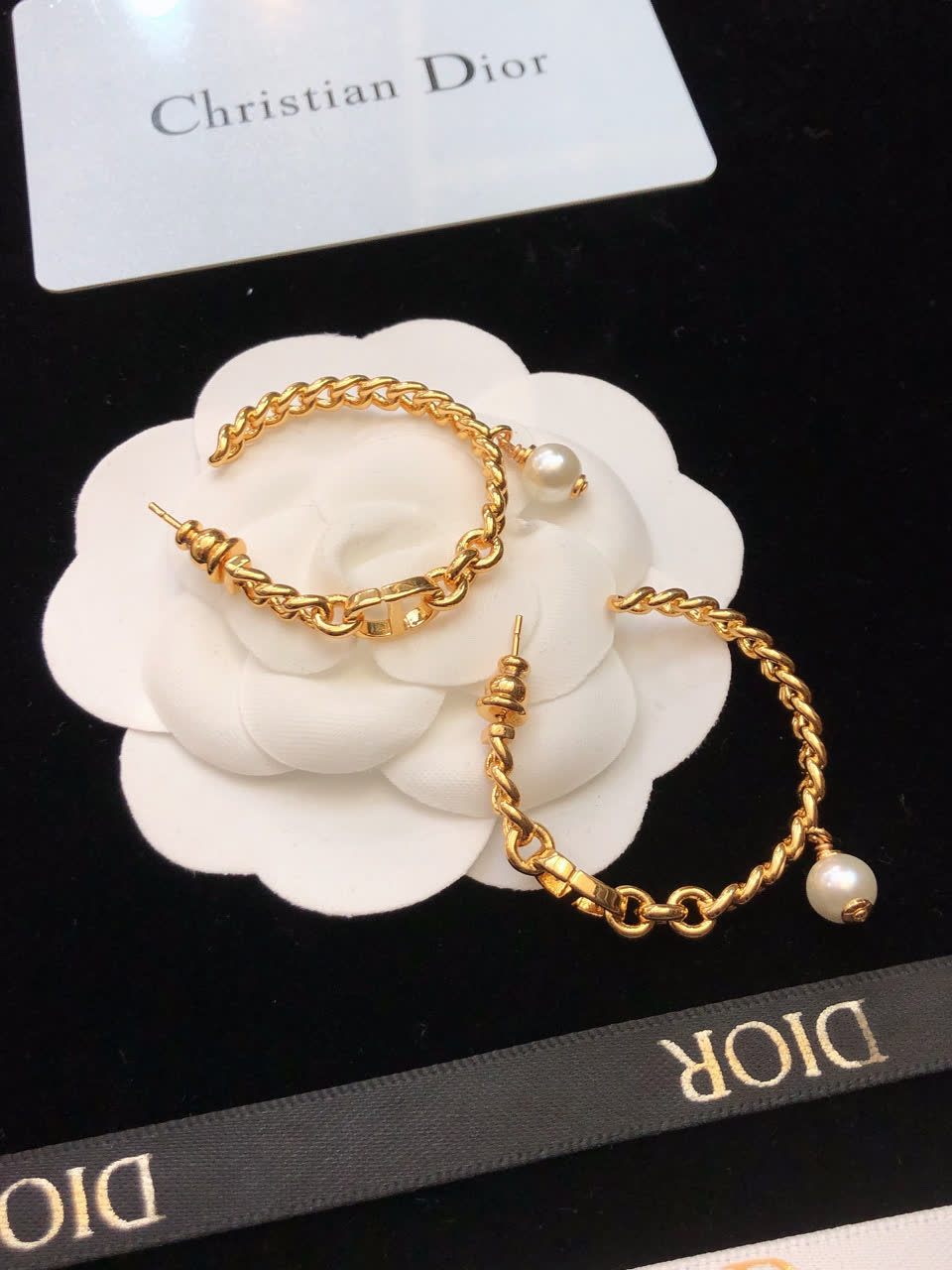 Dior Gold Hoop Earrings with Pearl Dangle