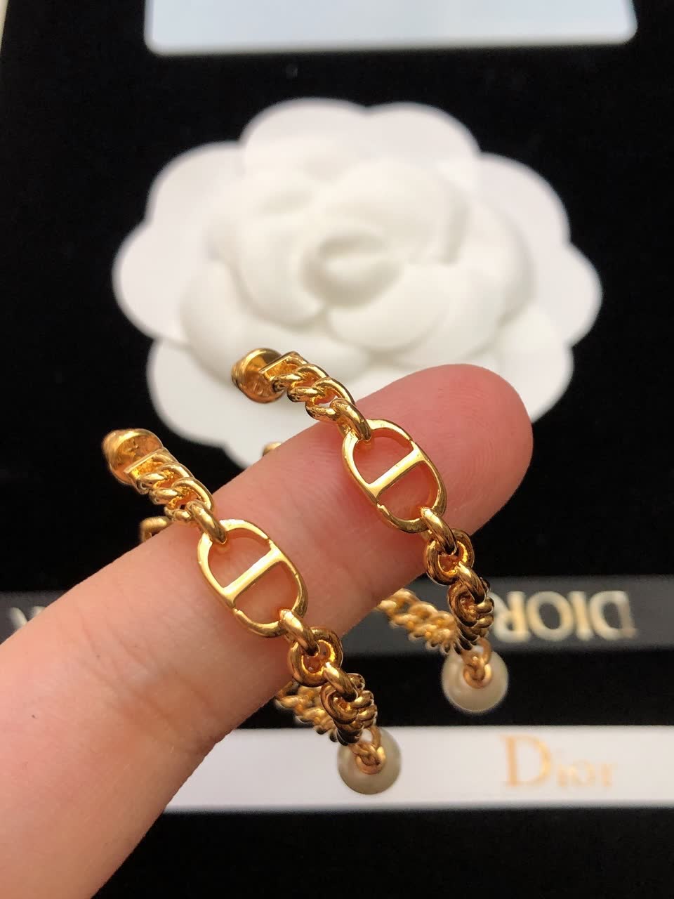 Dior Gold Hoop Earrings with Pearl Dangle