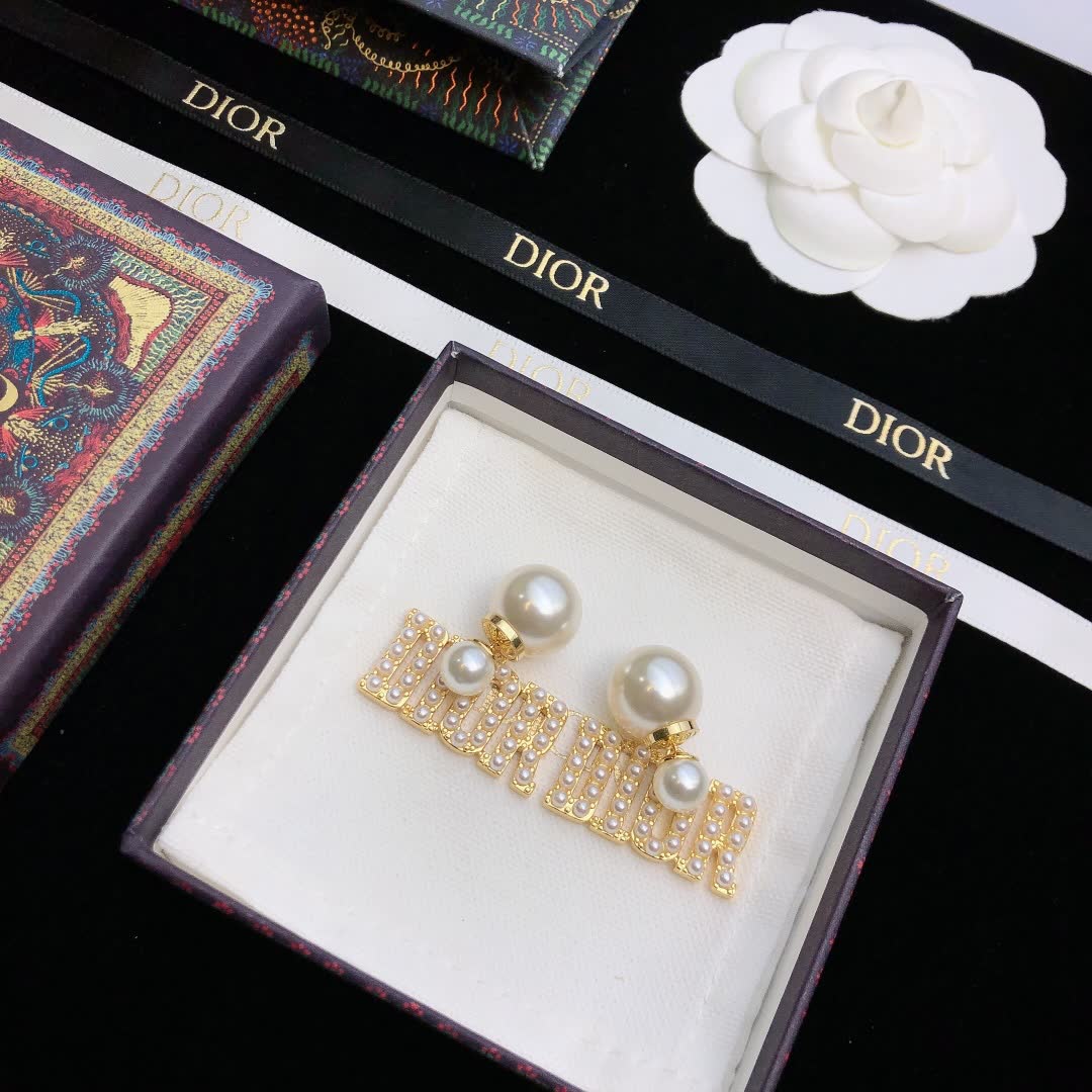 Dior Gold-tone Crystal 'DIOR' Drop Earrings