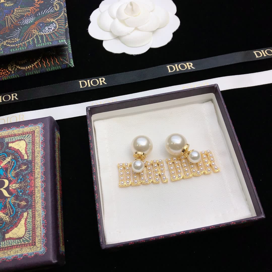 Dior Gold-tone Crystal 'DIOR' Drop Earrings
