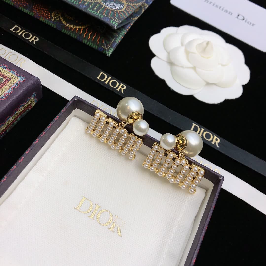 Dior Gold-tone Crystal 'DIOR' Drop Earrings