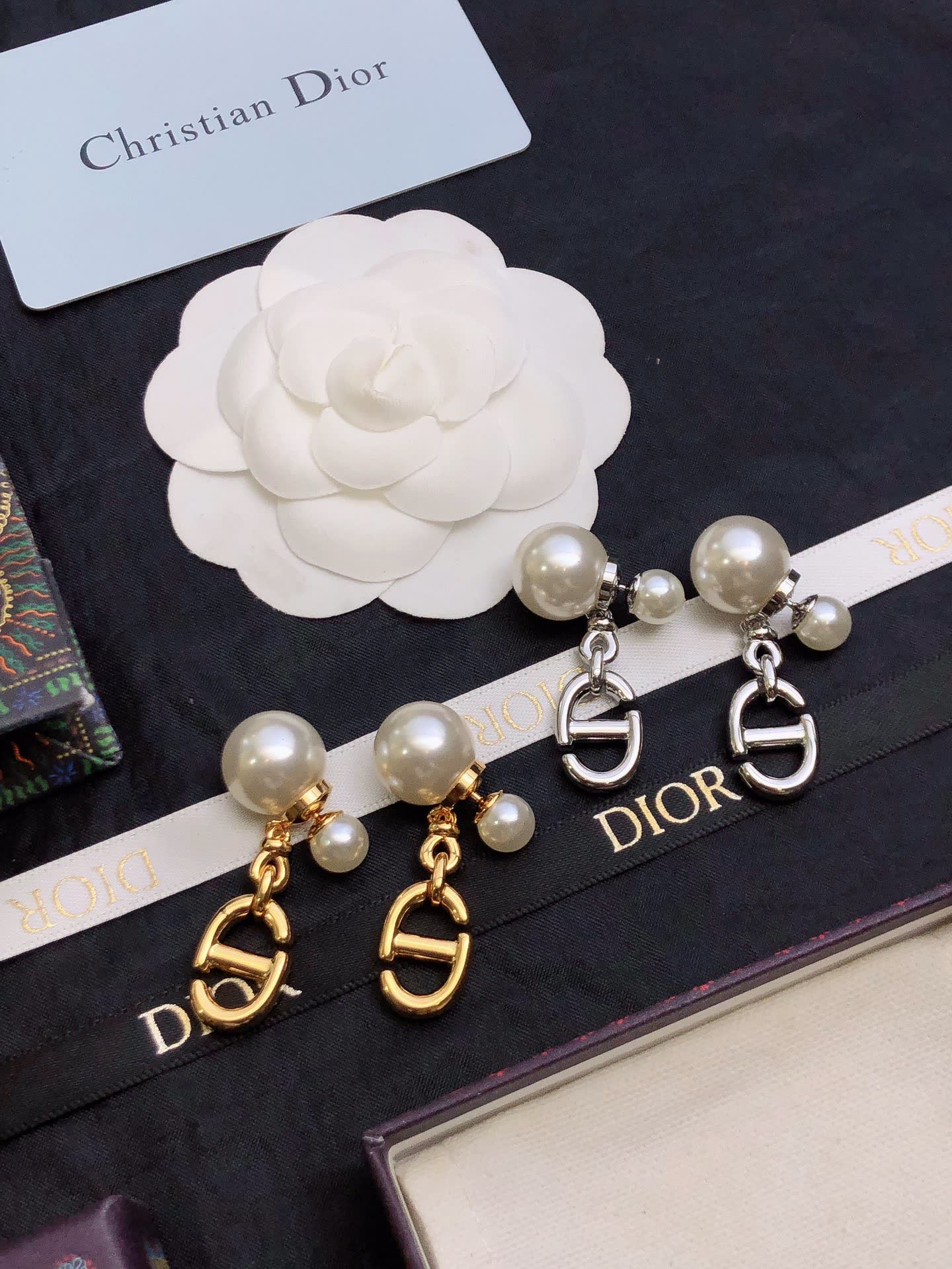 Christian Dior Pearl & Logo Earrings