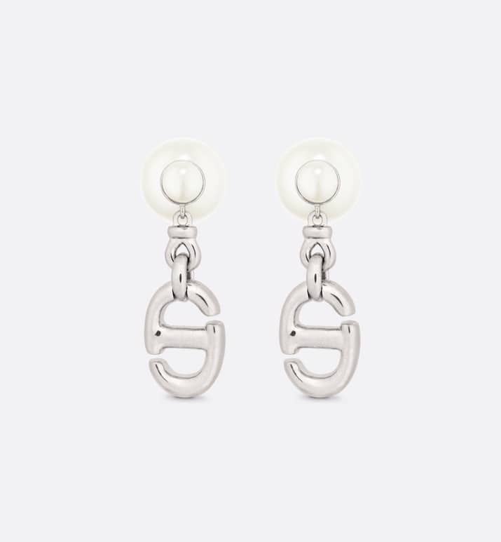 Dior Stainless Steel 'S' Logo Drop Earrings with Pearl Studs