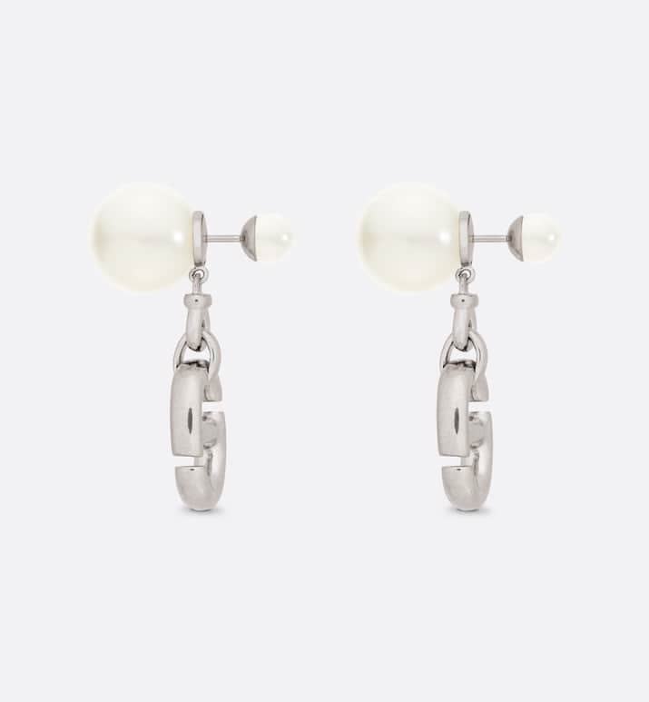 Dior Stainless Steel 'S' Logo Drop Earrings with Pearl Studs