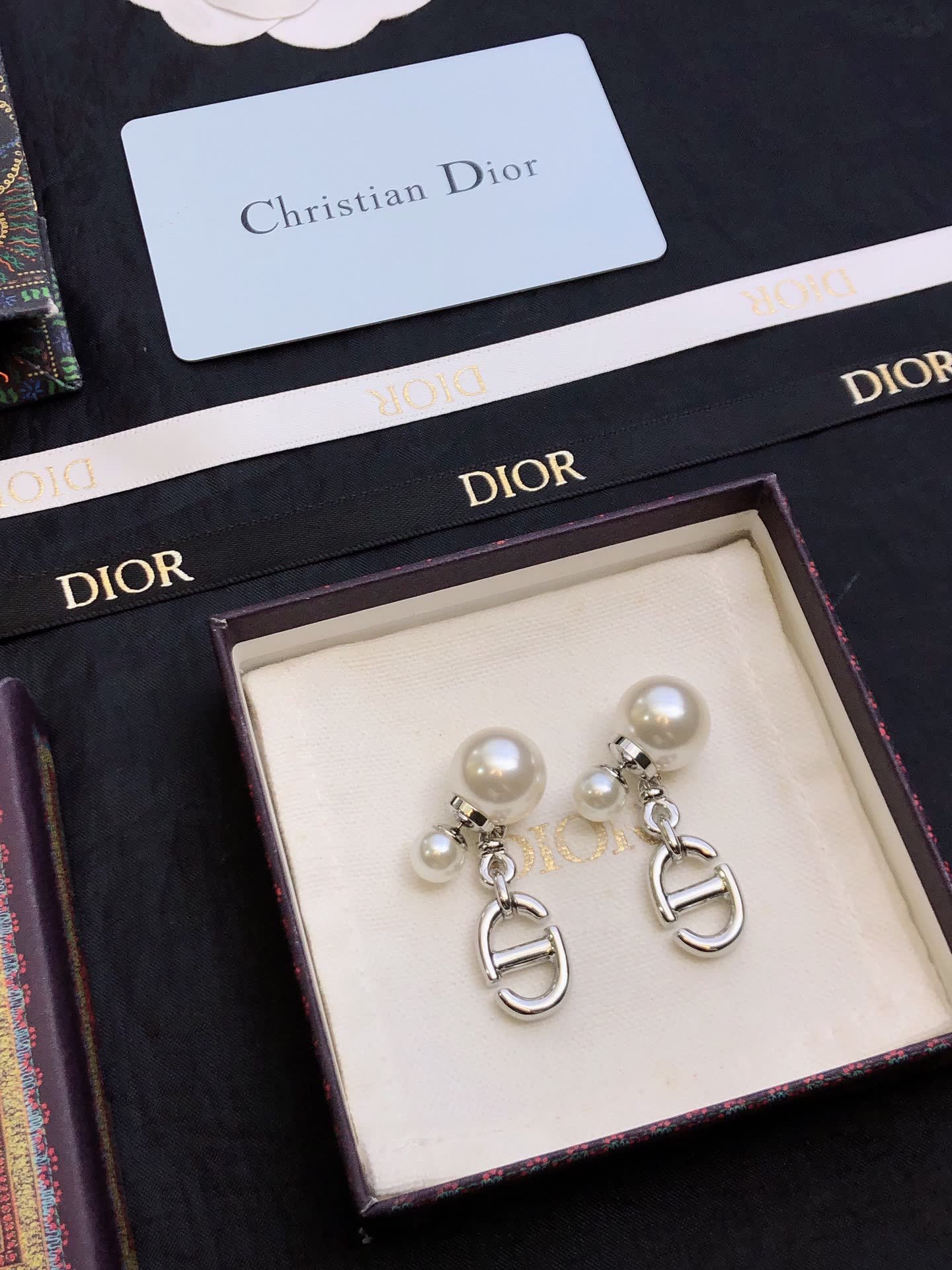Dior Stainless Steel 'S' Logo Drop Earrings with Pearl Studs
