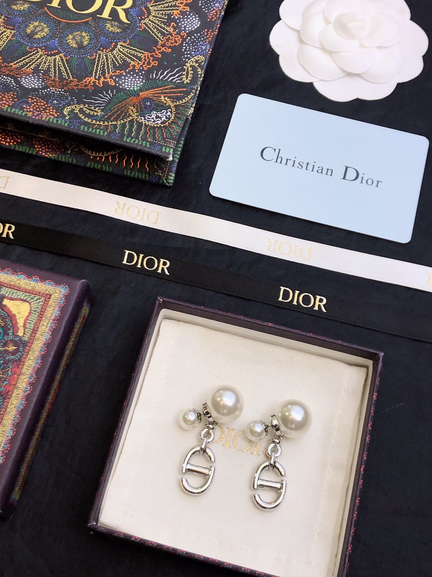Dior Stainless Steel 'S' Logo Drop Earrings with Pearl Studs
