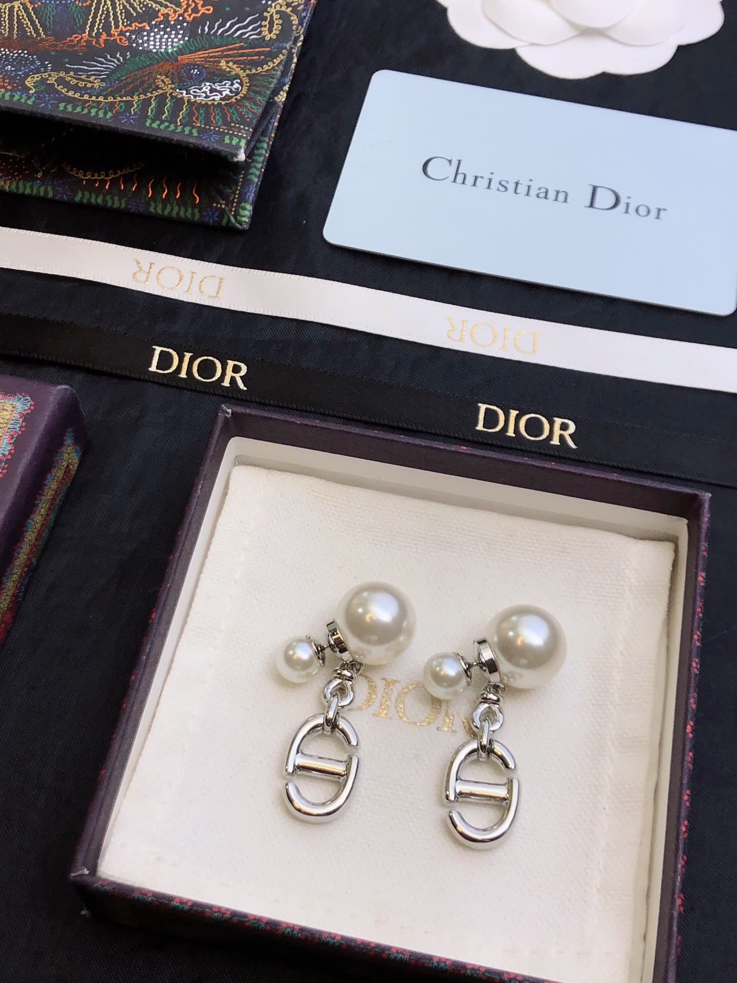 Dior Stainless Steel 'S' Logo Drop Earrings with Pearl Studs