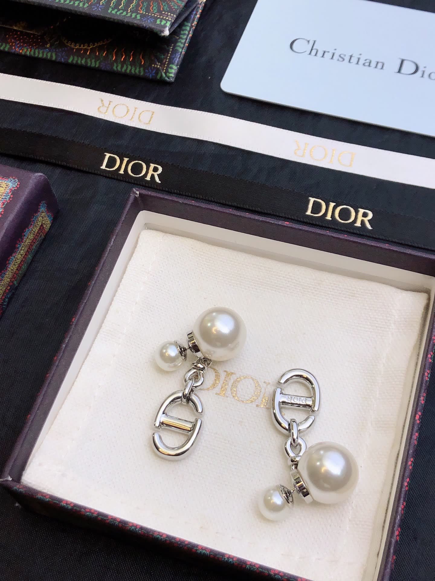 Dior Stainless Steel 'S' Logo Drop Earrings with Pearl Studs