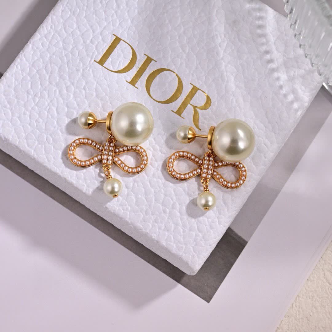 Dior Gold Tone Pearl Bow Earrings