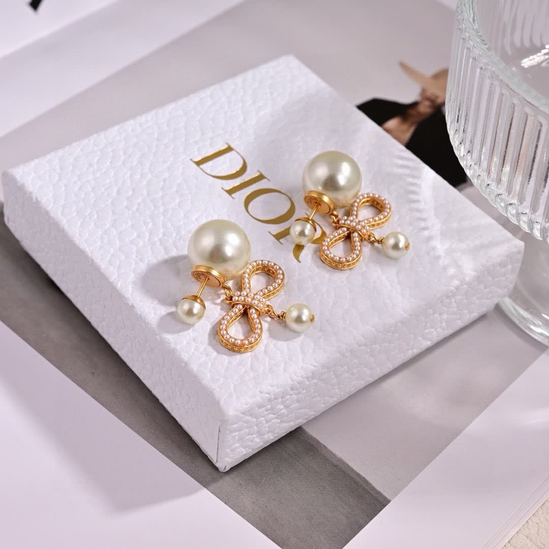 Dior Gold Tone Pearl Bow Earrings