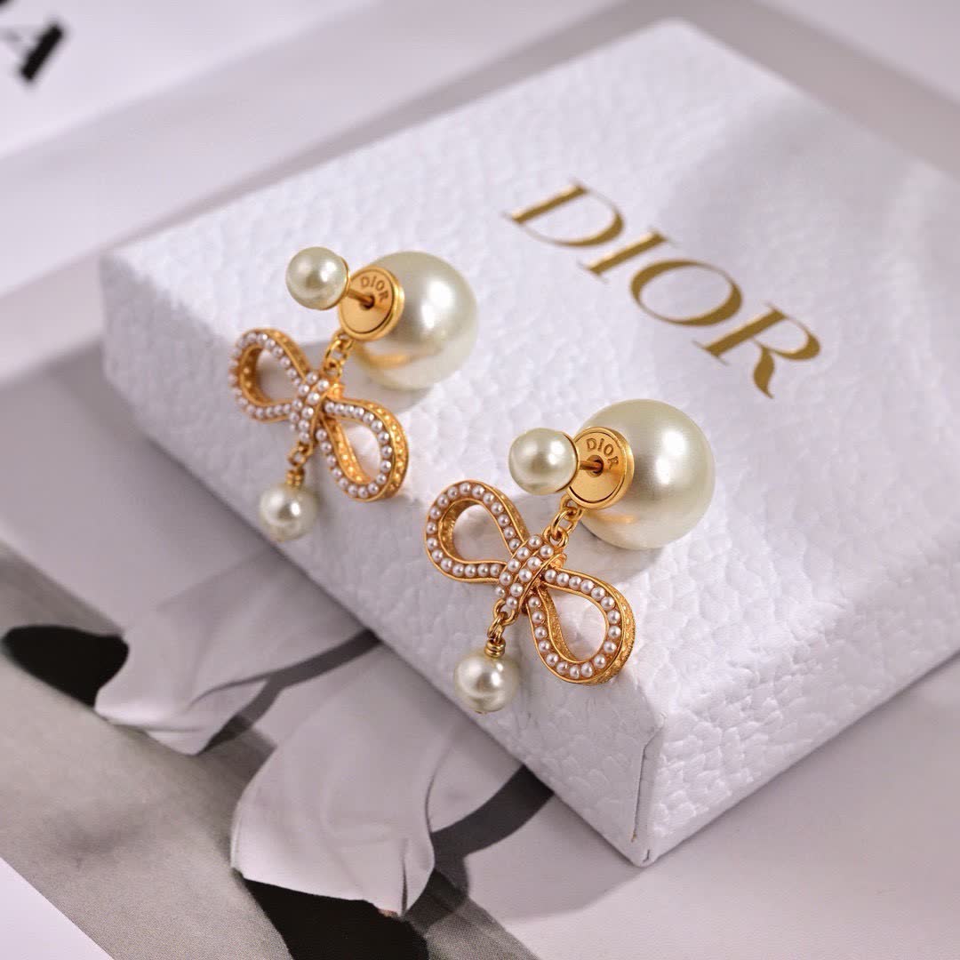 Dior Gold Tone Pearl Bow Earrings