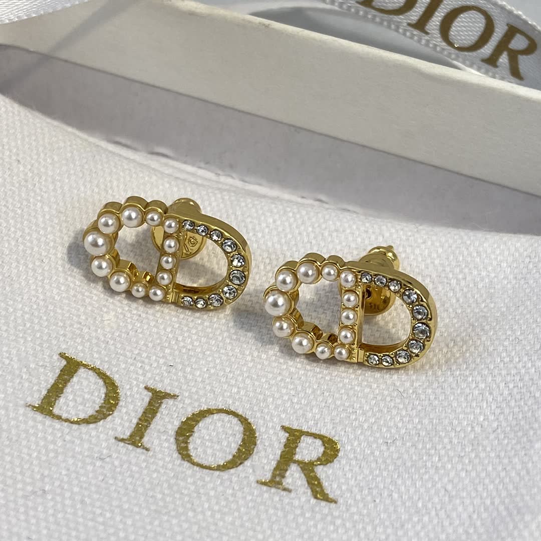Dior Gold Tone Pearl & Crystal Stud Earrings