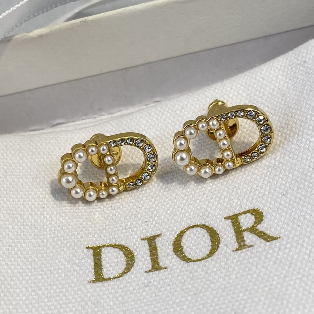 Dior Gold Tone Pearl & Crystal Stud Earrings