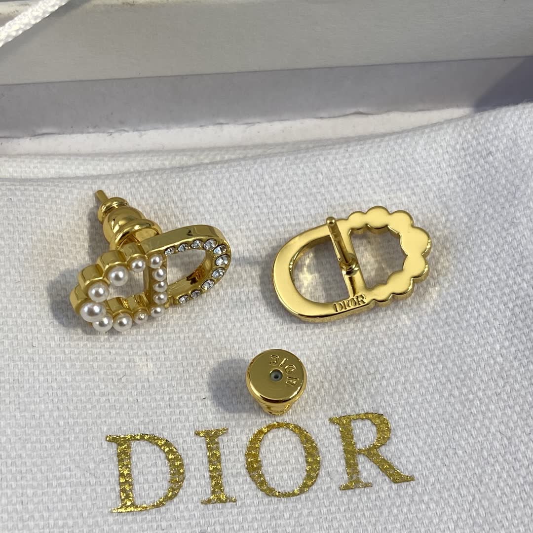 Dior Gold Tone Pearl & Crystal Stud Earrings