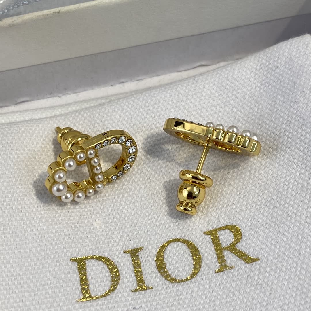Dior Gold Tone Pearl & Crystal Stud Earrings