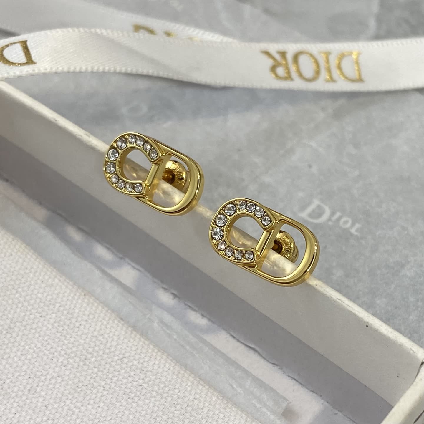 Dior Gold Tone Crystal Stud Earrings