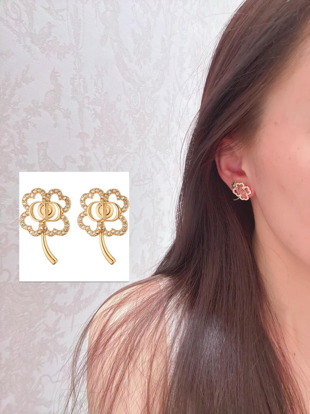 Van Cleef & Arpels Gold-Tone Crystal Clover Stud Earrings