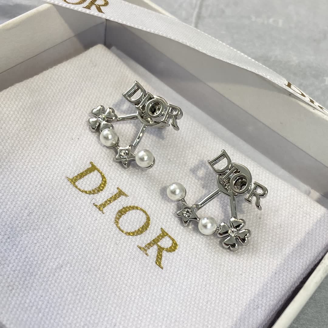 Dior Silver Tone Pearl and Crystal Earrings