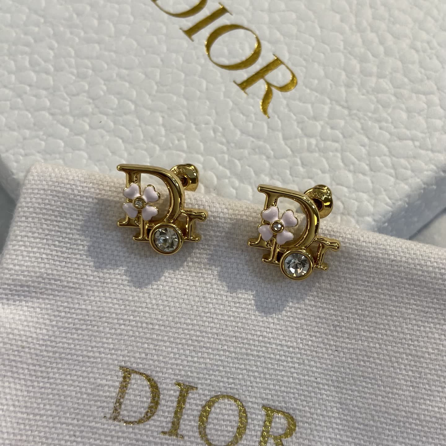 Dior Gold Tone Crystal Flower Earrings