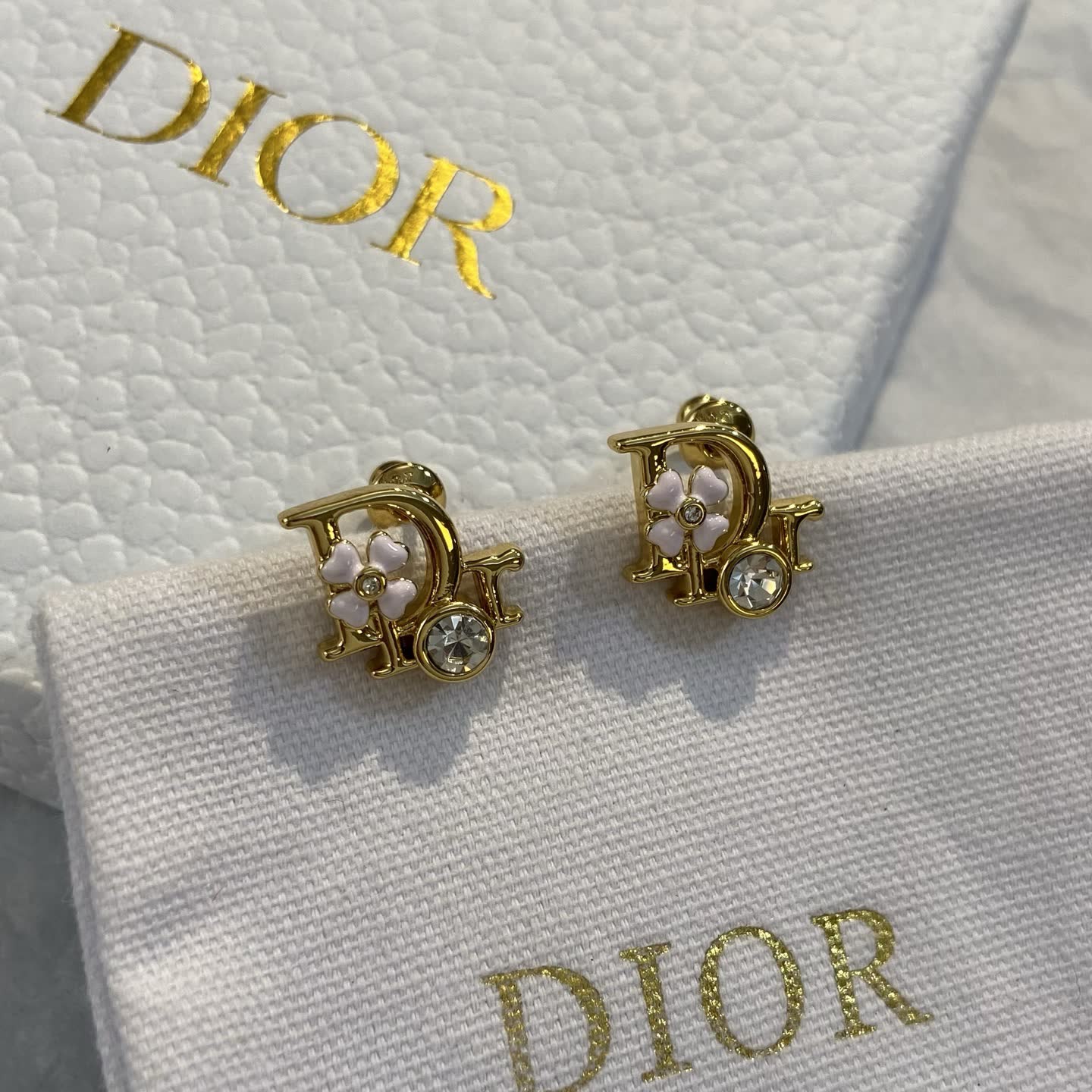 Dior Gold Tone Crystal Flower Earrings