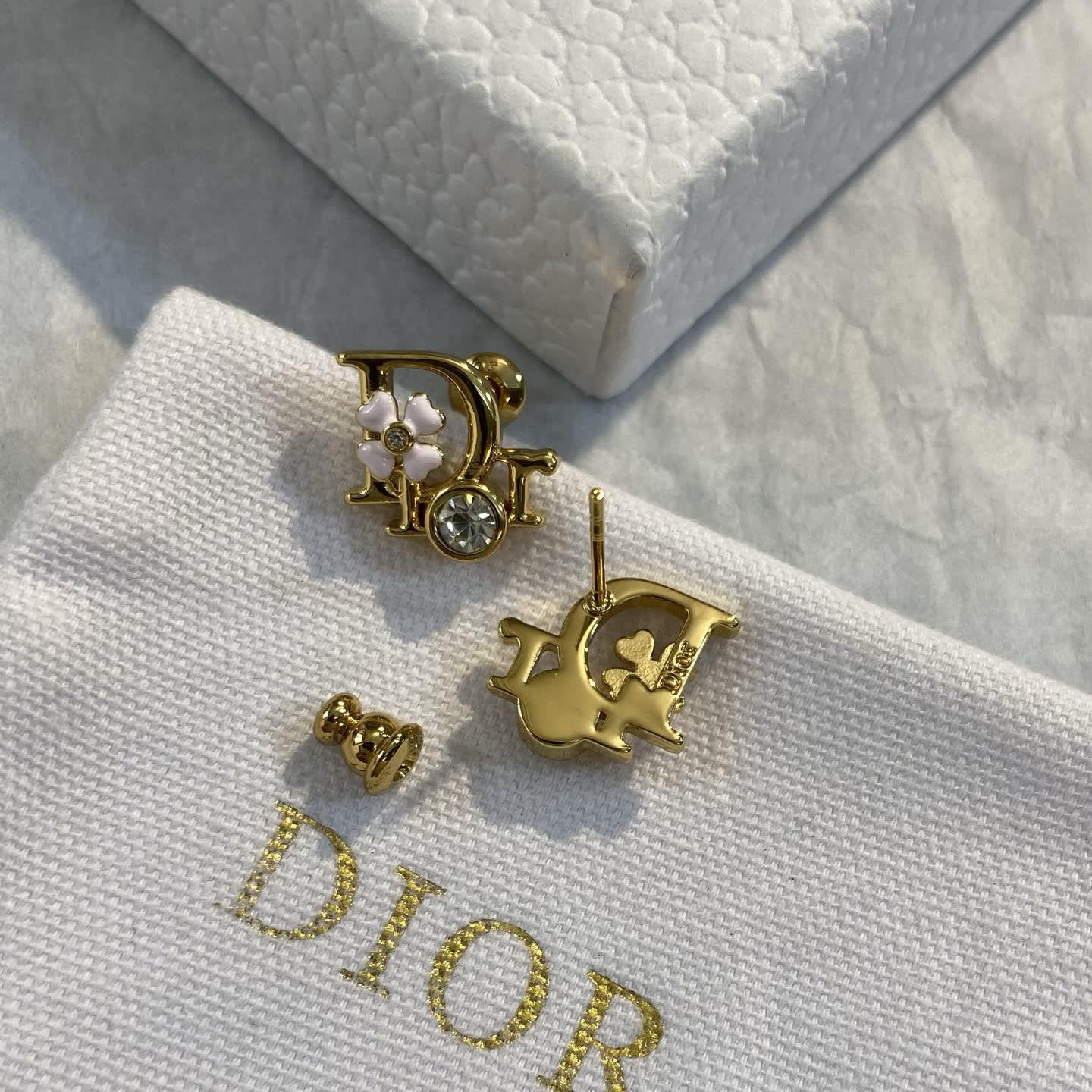 Dior Gold Tone Crystal Flower Earrings
