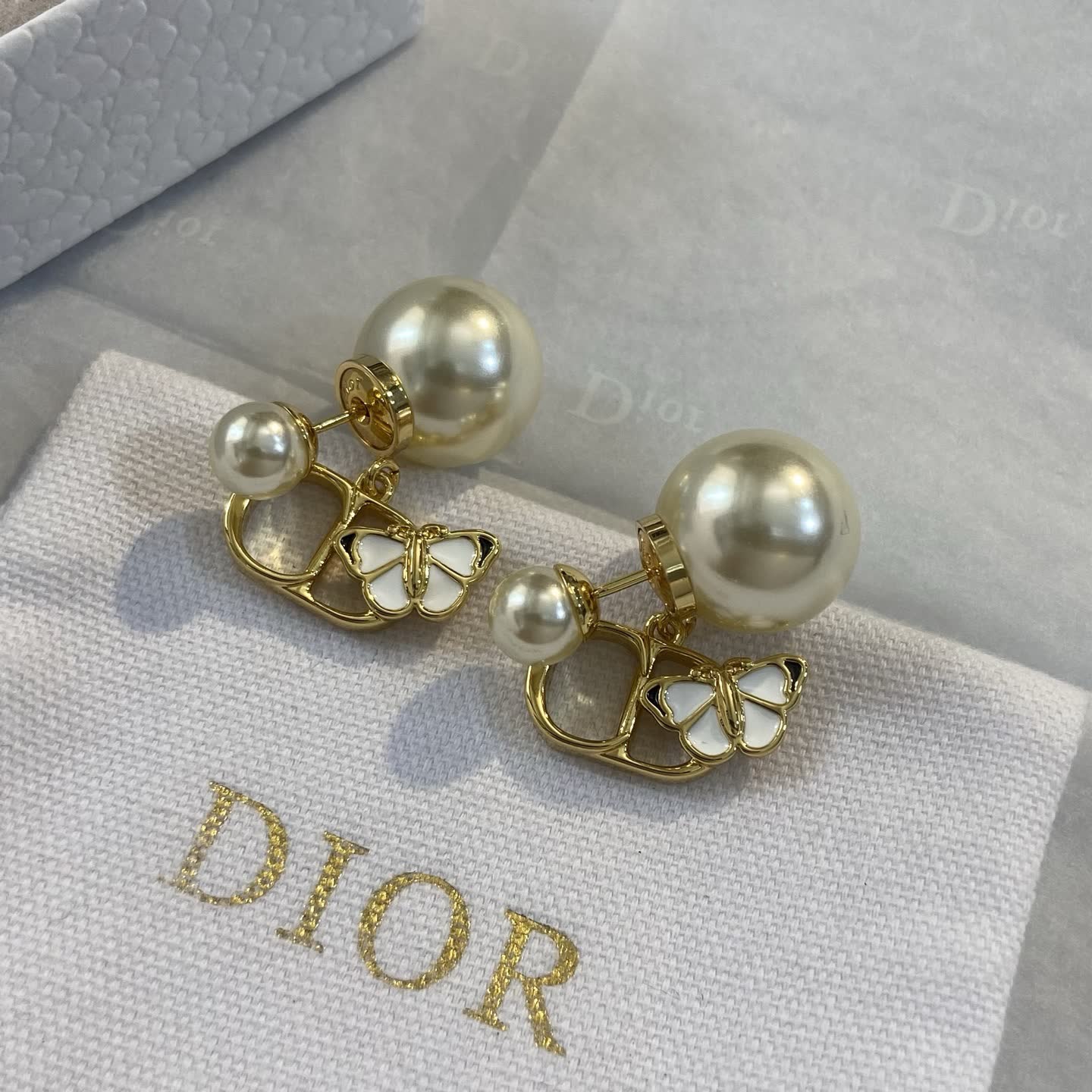 Dior Gold Tone Pearl Butterfly Clip-on Earrings