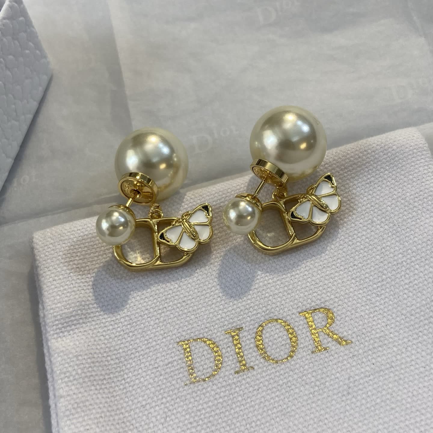 Dior Gold Tone Pearl Butterfly Clip-on Earrings