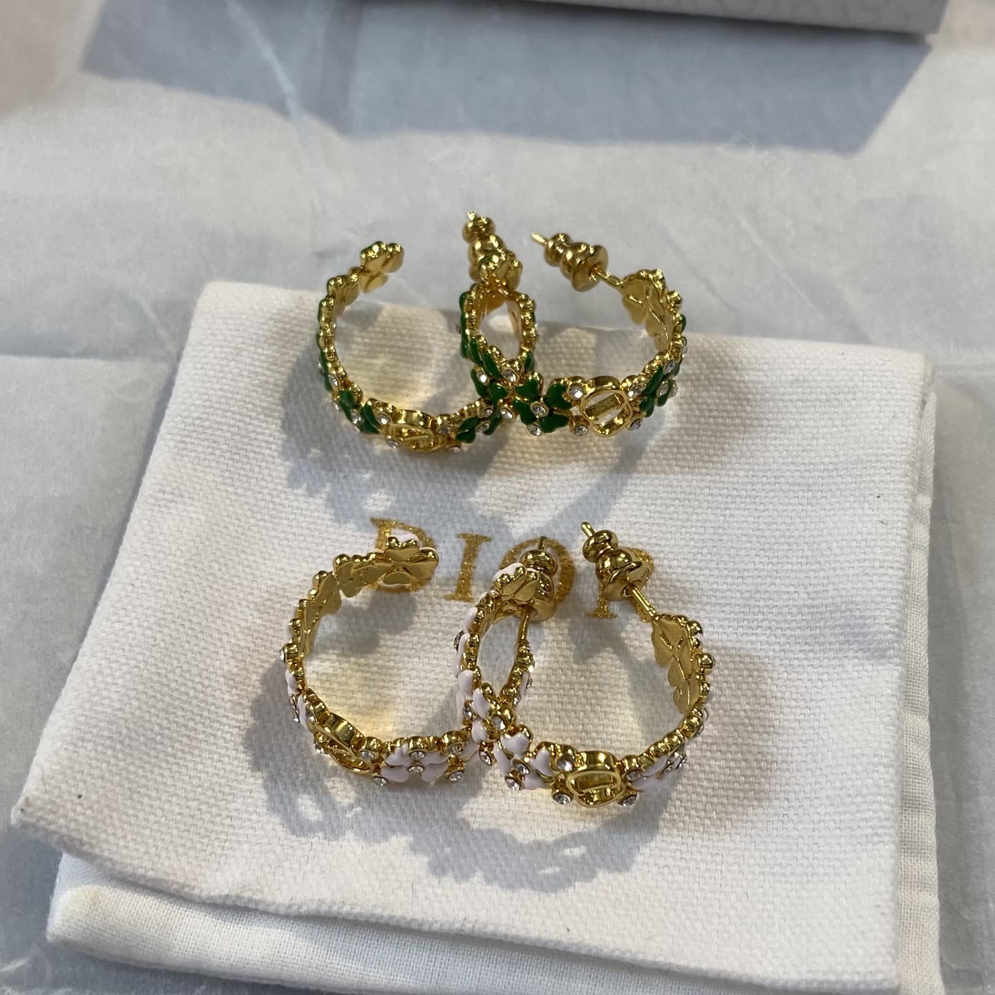 Dior Gold Hoop Earrings with Green Stones Dior Gold Hoop Earrings with Green Stones