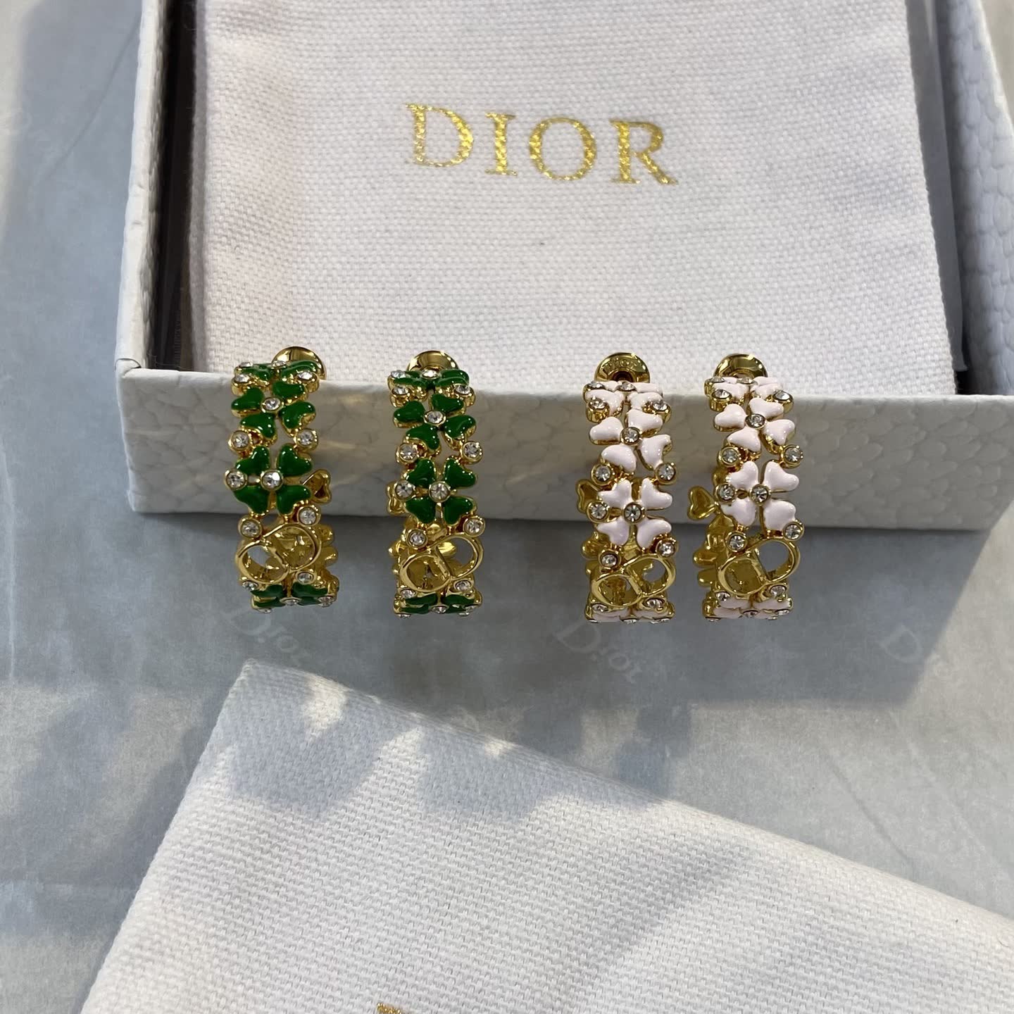 Dior Gold Tone Crystal Flower Hoop Earrings Dior Gold Tone Crystal Flower Hoop Earrings