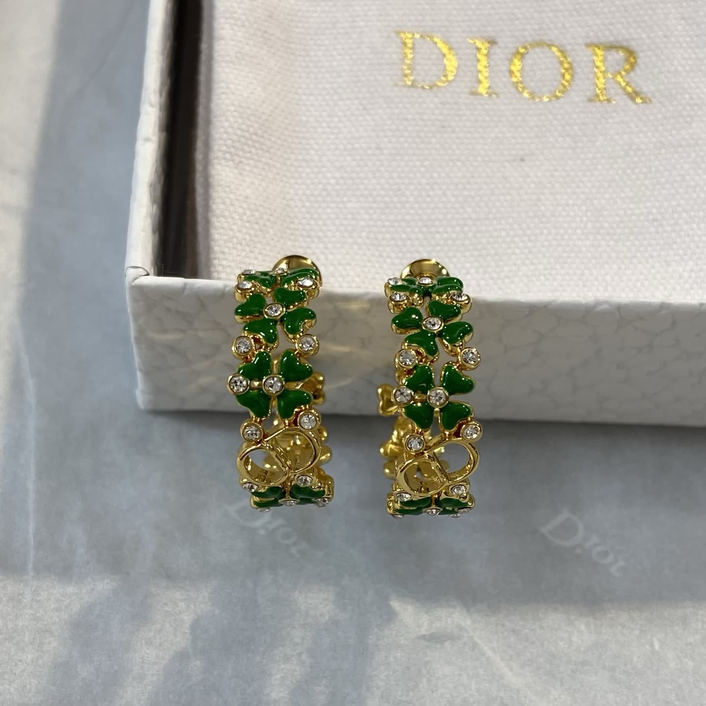 Dior Gold Tone Crystal Flower Hoop Earrings