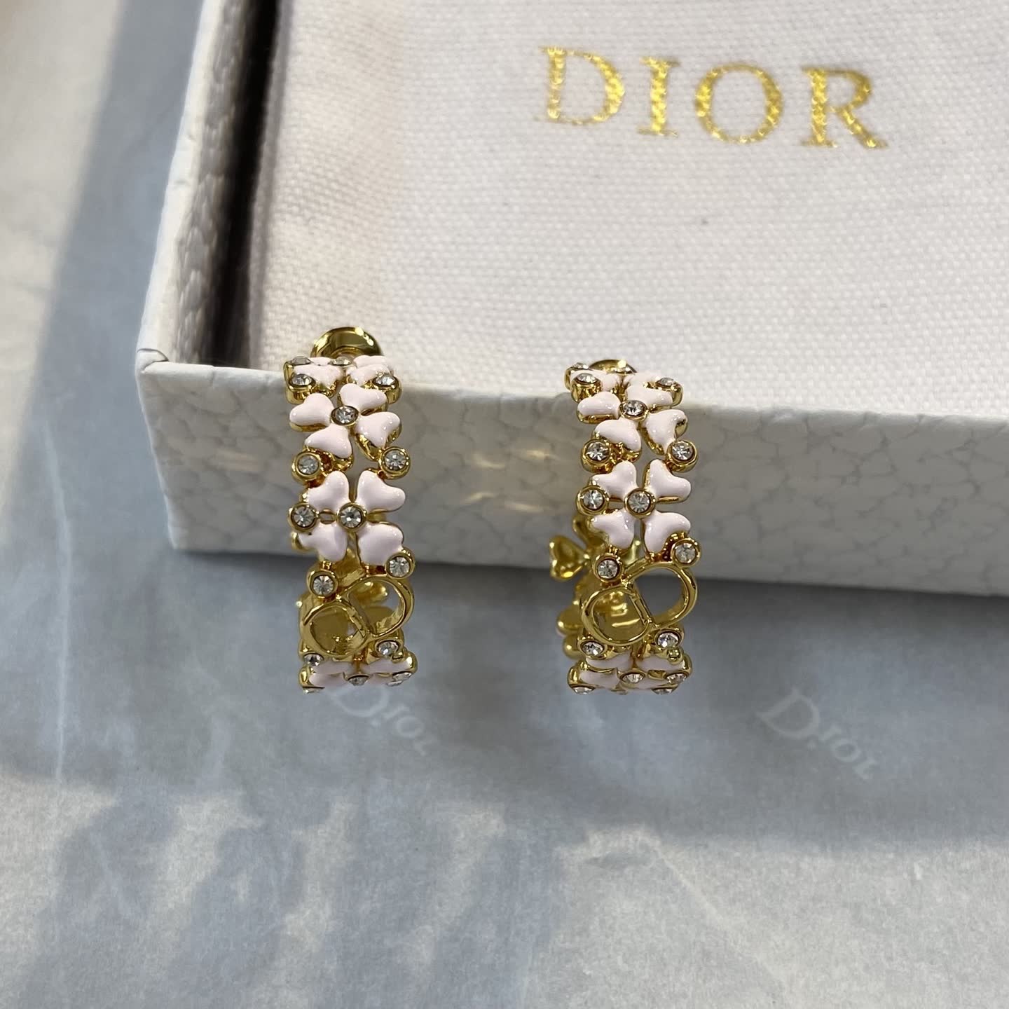 Dior Gold Tone Crystal Flower Hoop Earrings