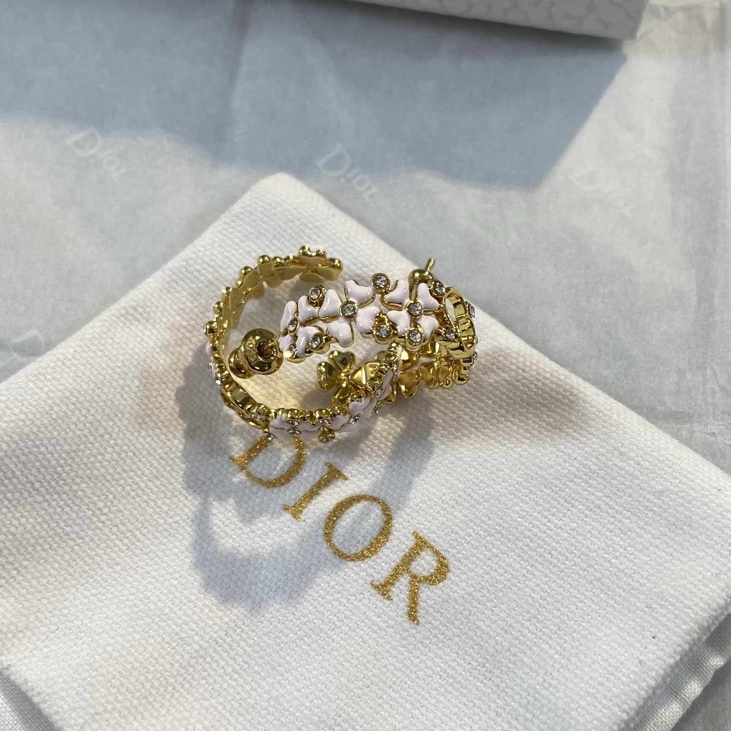 Dior Gold Tone Crystal Flower Hoop Earrings