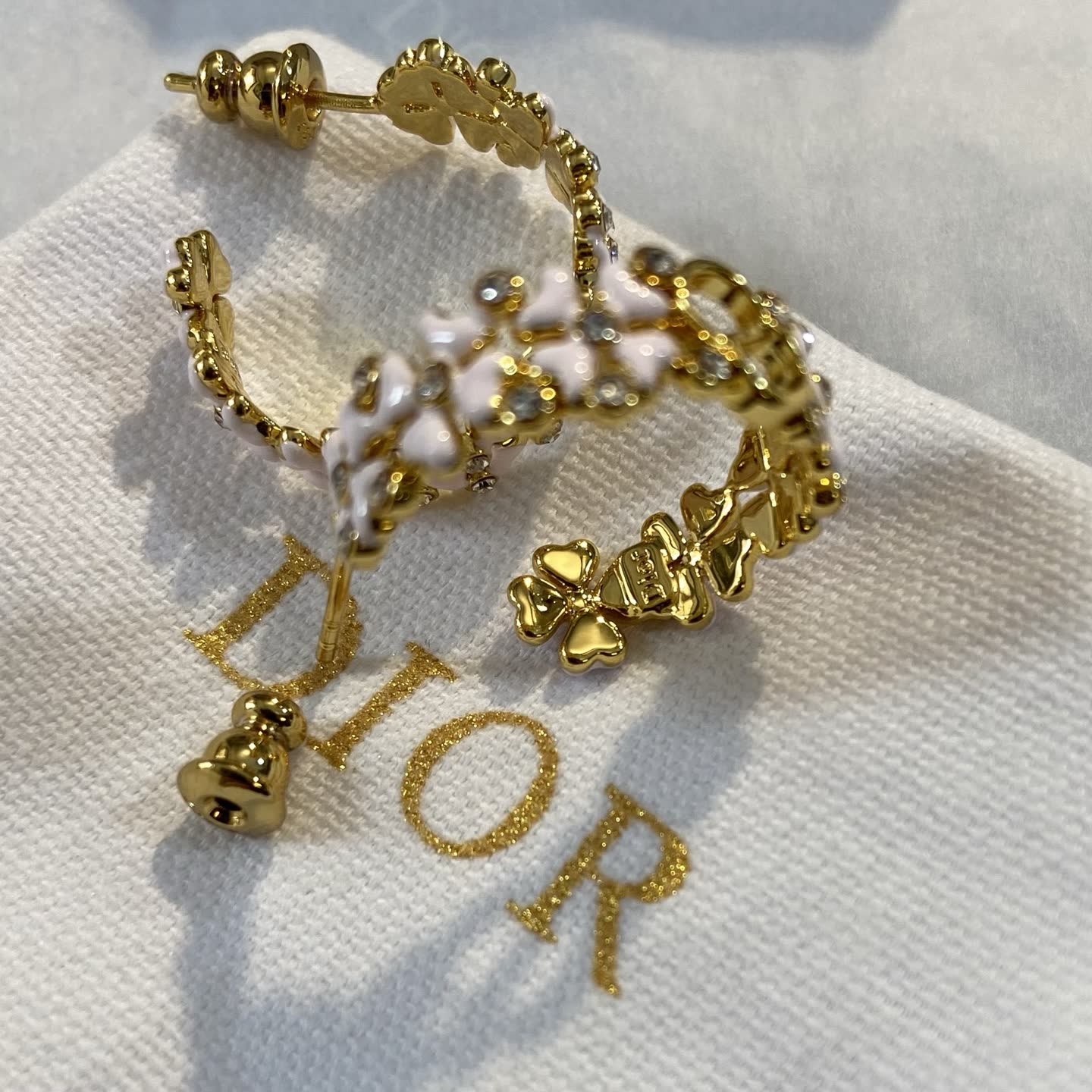 Dior Gold Tone Crystal Flower Hoop Earrings