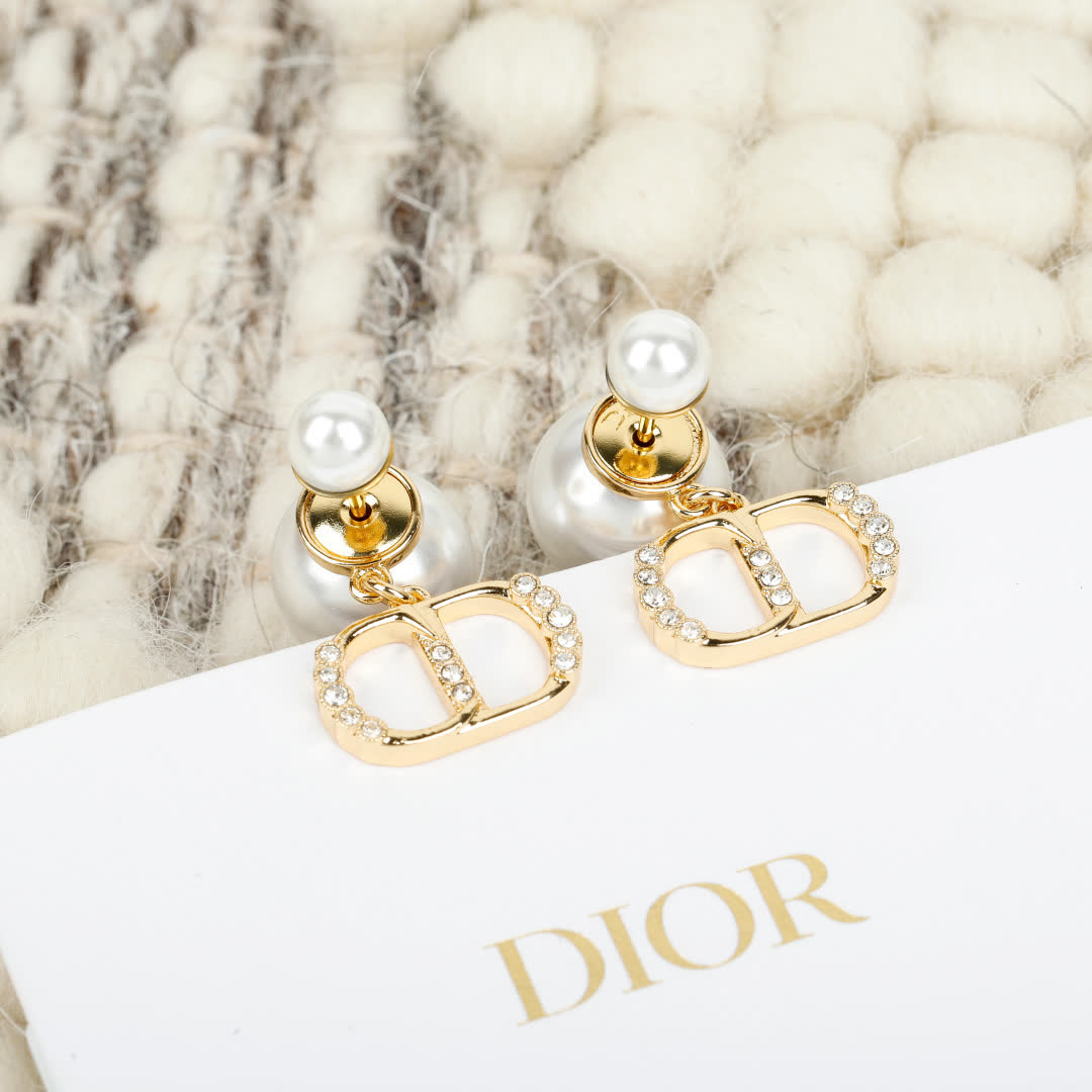 Dior Gold Tone Pearl Stud Earrings