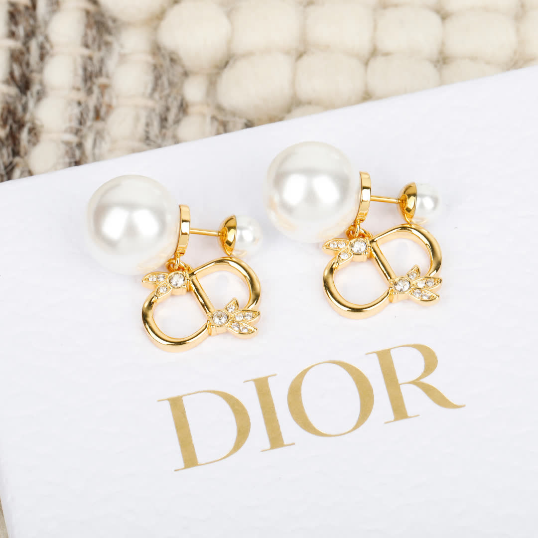 Dior Gold Tone Pearl Stud Earrings