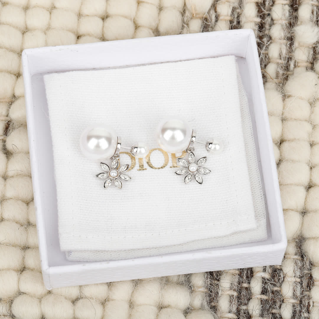 Dior Pearl and Crystal Flower Earrings